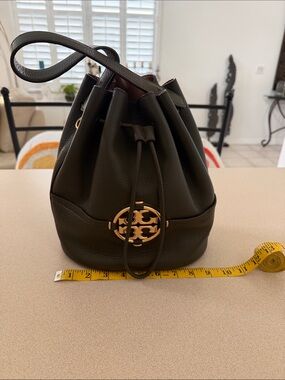 Tory Burch Black Leather Drawstring Bucket with Gold Logo